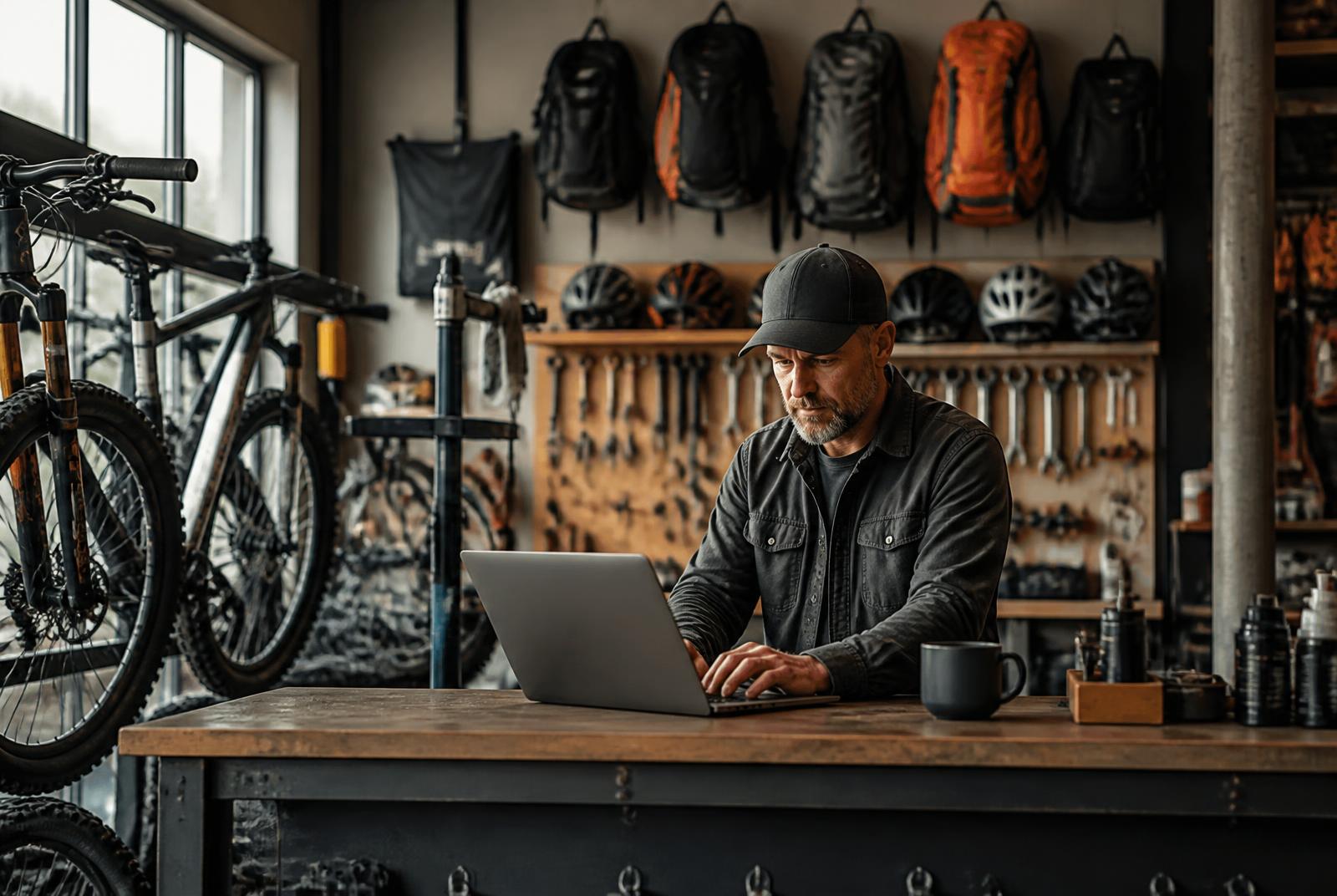 Independent bike and outdoor shop owner reviewing customer messages at a workbench